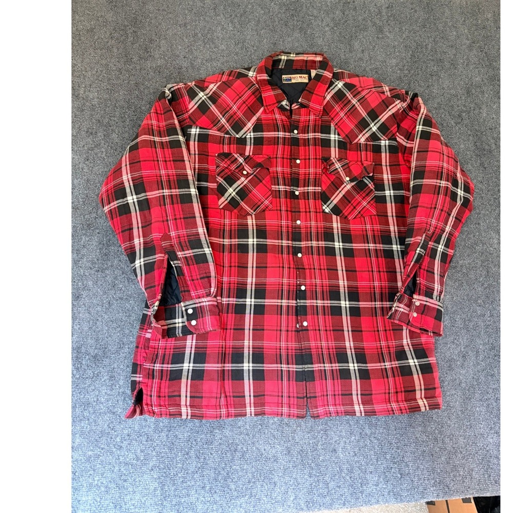 Big Mac Mens XL Tall Red Plaid Quilted Lined Western Snap Flannel Shirt Jacket